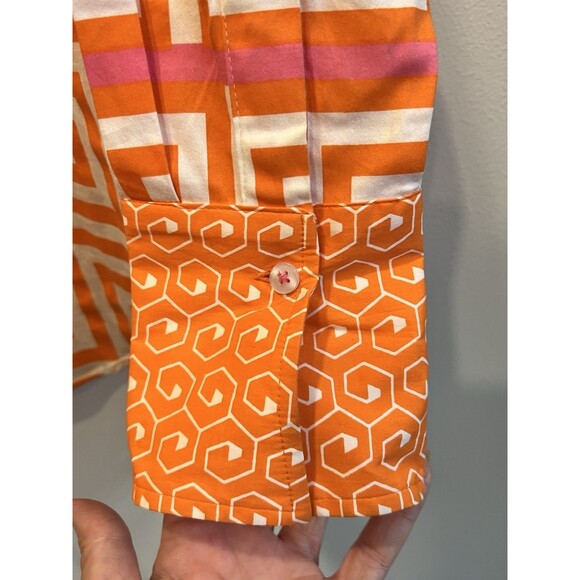 Tizzie Shirt Women L Orange Pink Geometric Print Button Down Long Sleeve Stretch - Picture 4 of 9